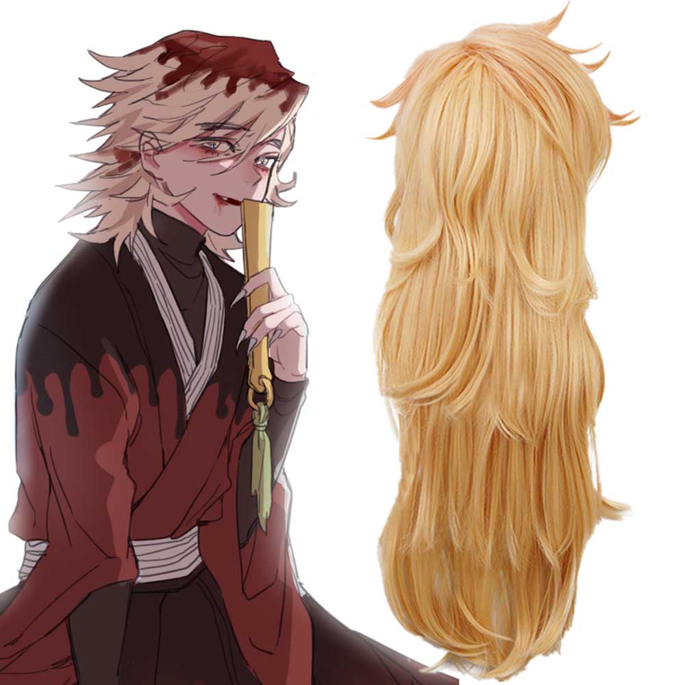 Douma Twelve Kizuki Wigs Demon Slayer:Kimetsu no Yaiba Cosplay Costume Heat Resistant Synthetic Long Curly Gradient Gold Party Hair-Takeroala