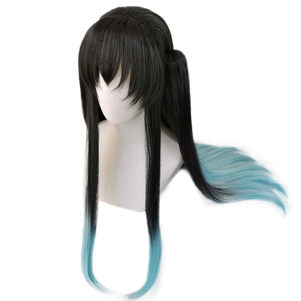 Demon Slayer Kimetsu no Yaiba Mist Hashira Muichiro TokitoBlack Blue Long Straight Cosplay Wig Kizuki Synthetic Hair-Takerlama