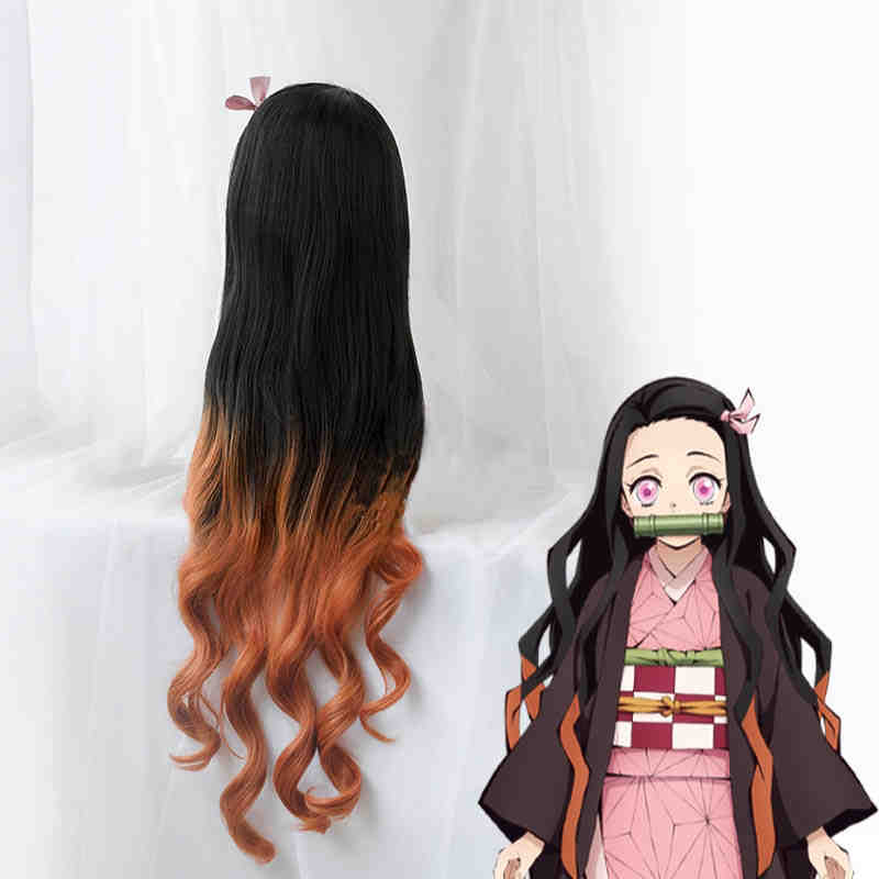 Nezuko Kamado Long Wavy Cospaly Synthetic Wig Anime Demon Slayer Kimetsu no Yaiba-Takerlama