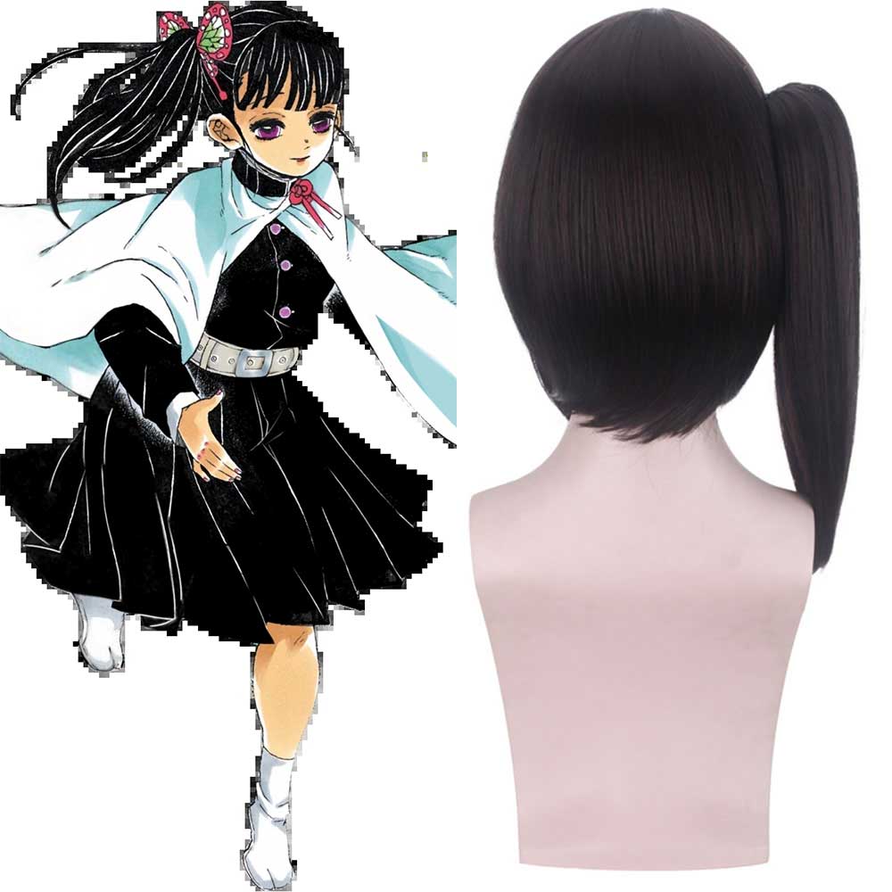 Tsuyuri Kanawo Black Brown Ponytail Halloween Cosplay Wig Anime Demon Slayer Kimetsu no Yaiba-Takerlama