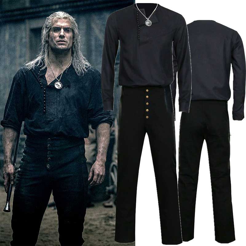 The Witcher Season 1 2019 Geralt of Rivia Cosplay Costume Halloween White Wolf Shirt Pants with Necklace-Takerlama