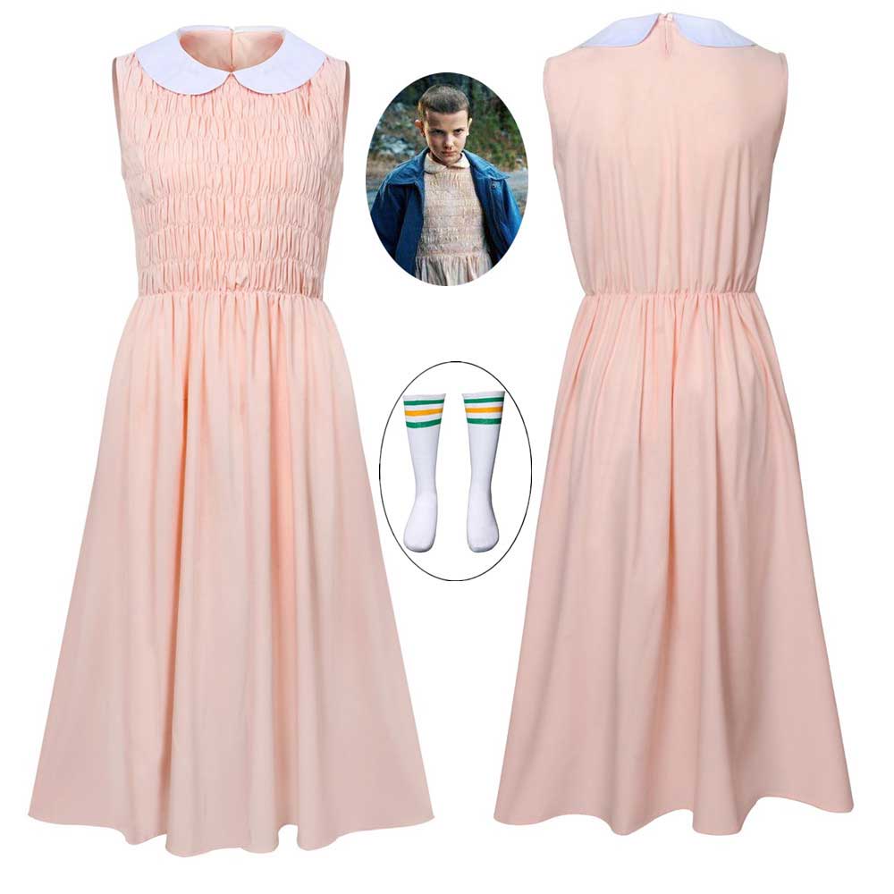 Stranger Things Eleven Dress Women Girl Pink Long Sleeve Fancy Outfits Costume