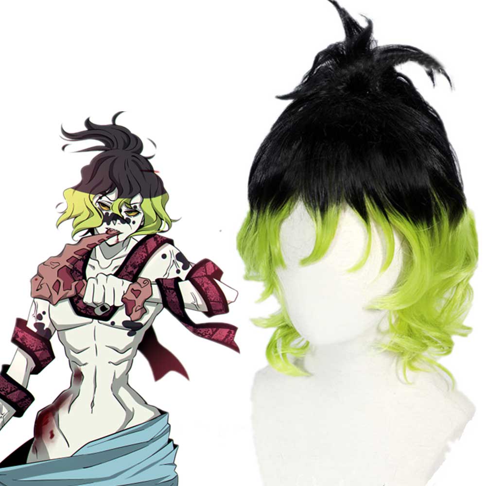 Anime Demon Slayer:Kimetsu no Yaiba Gyuutarou Black/Green Short Wavy Cosplay Wig Hair-Takerlama