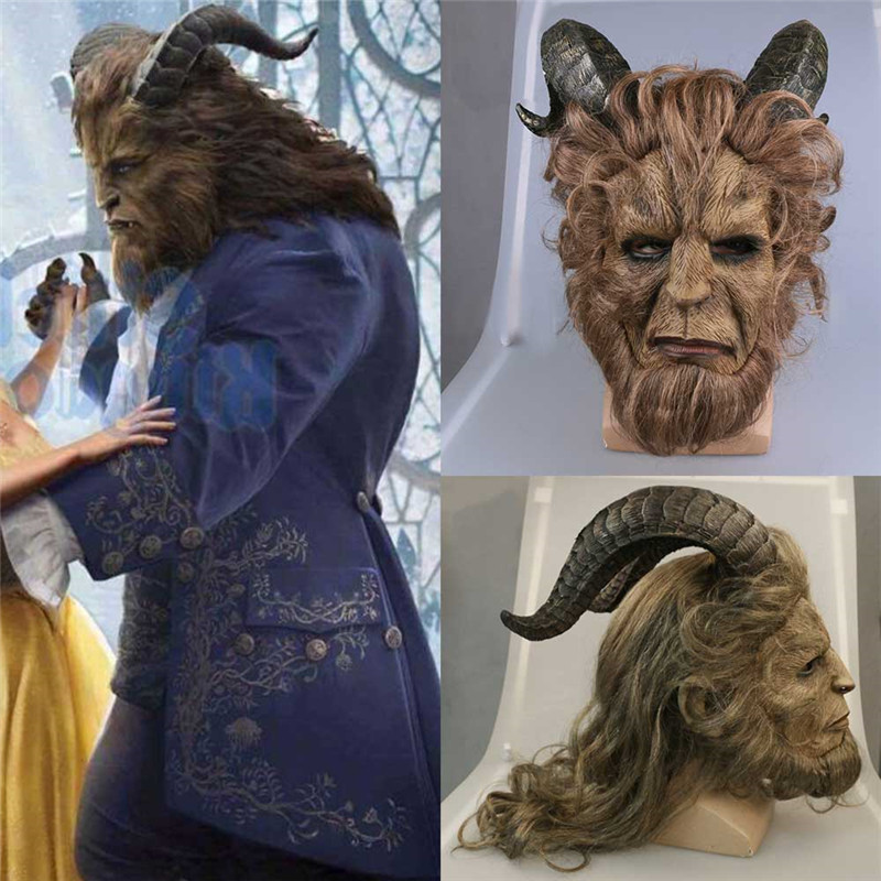 Solid Disney Beauty and the Beast Adam Prince Mask Cosplay Latex Lion Helmet Fnacy Party Hair Wig