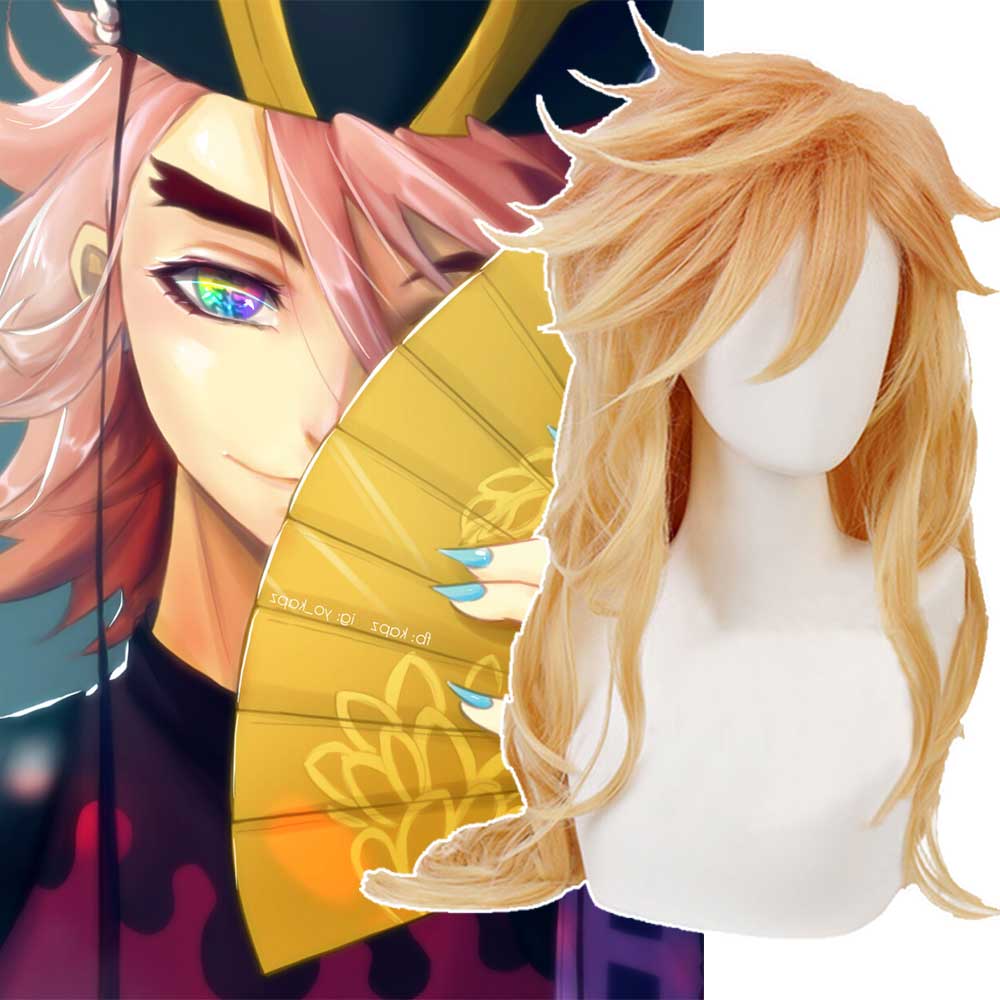 Douma Twelve Kizuki Wigs Demon Slayer:Kimetsu no Yaiba Cosplay Costume Heat Resistant Synthetic Long Curly Gradient Gold Party Hair-Takeroala