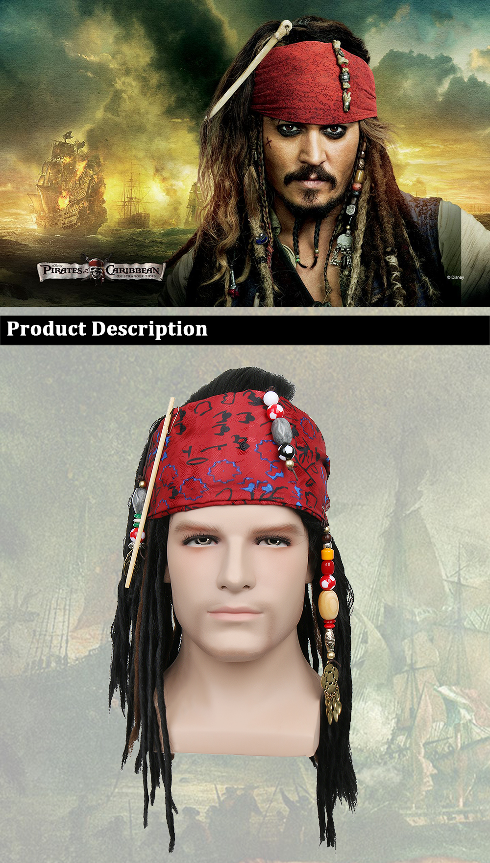 Pirates of The Caribbean Pirate Captain Jack Sparrow Halloween Cosplay Wig Synthetic Hair